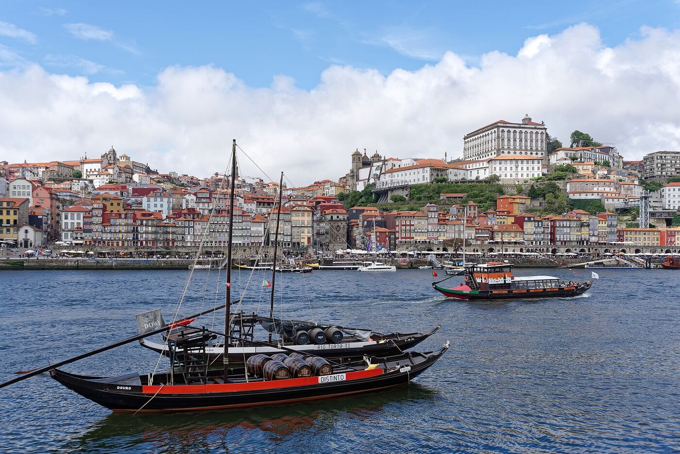 Rabelo boats on the Douro river in front of Ribeira, Porto